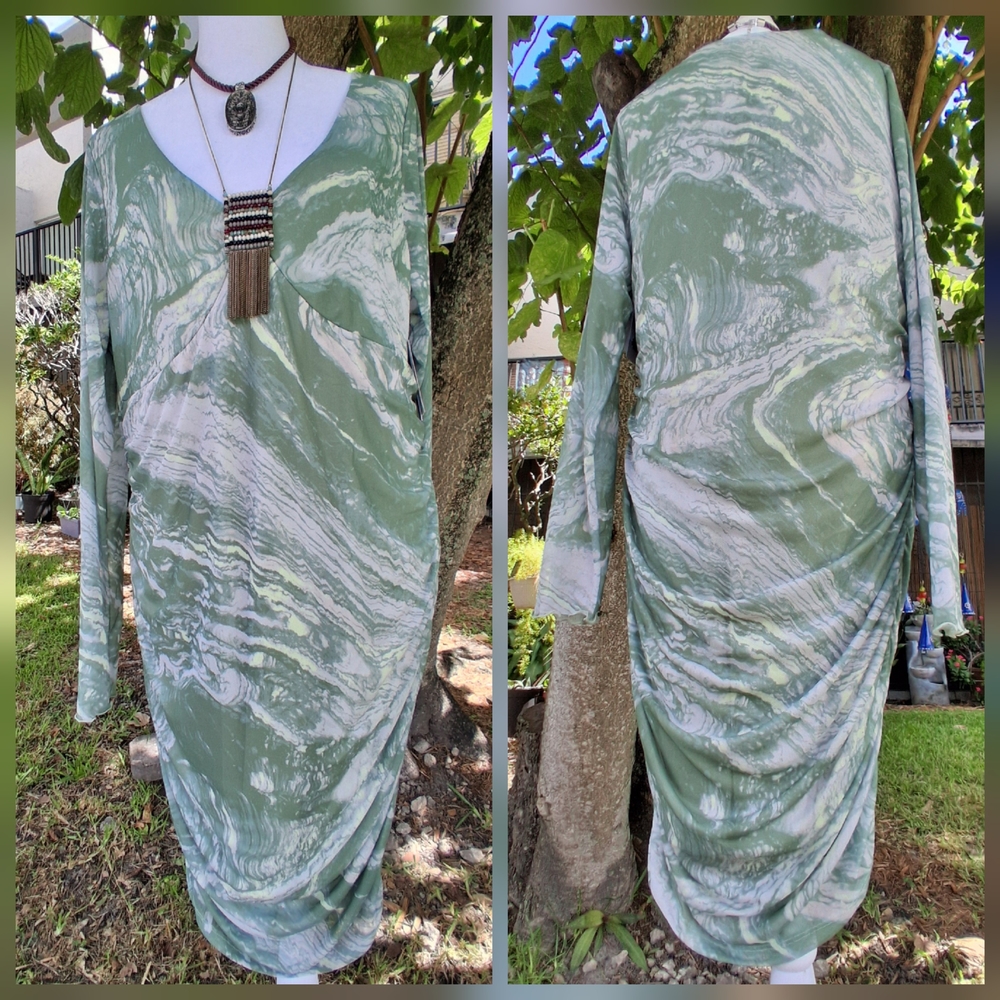 🔥NWT BP NORDSTROM Elegant Midi Dress Marble Print Sage White 1X & FREE LONG SET
